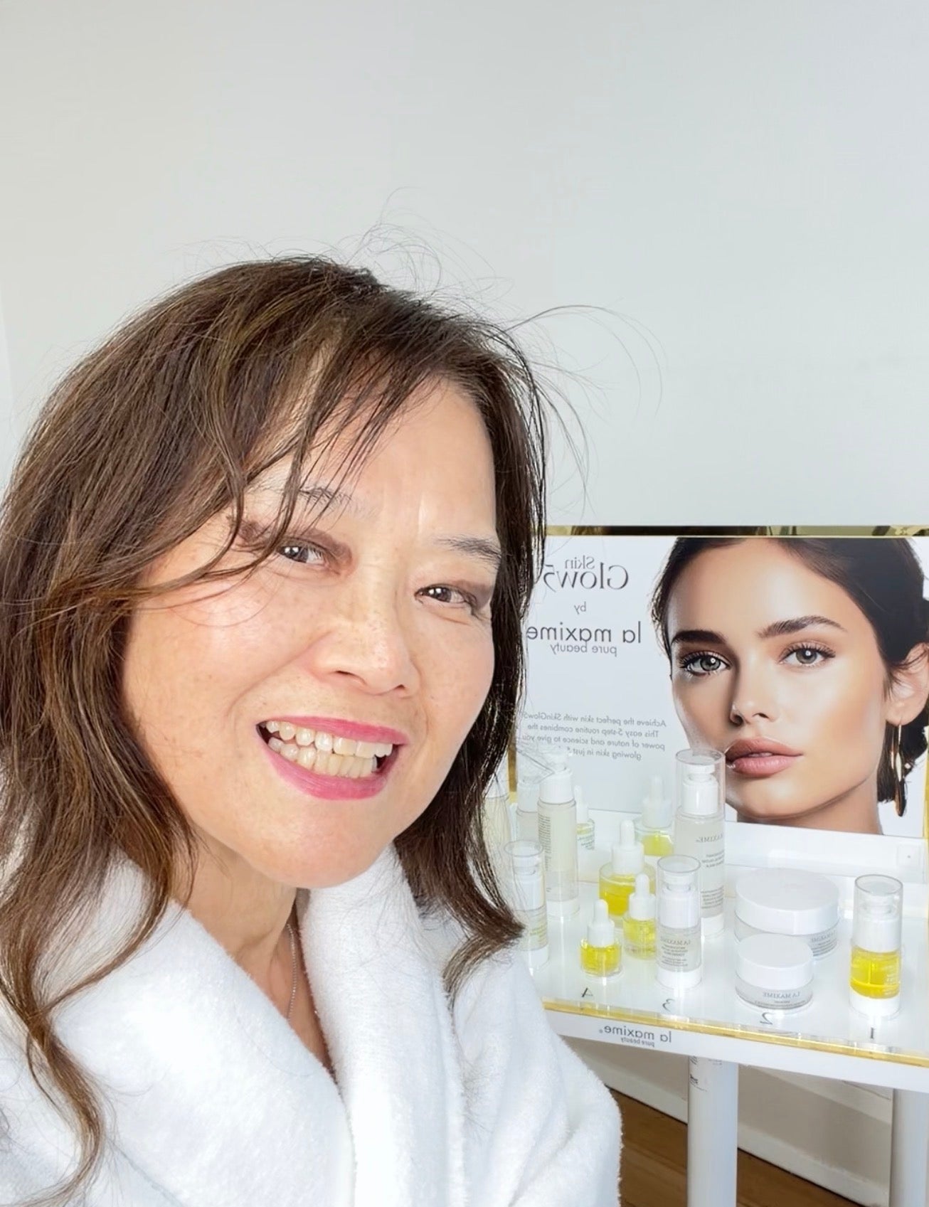 Founder's daily skincare  routine at 71, showing glowing skin for mature skin woemn over 50
