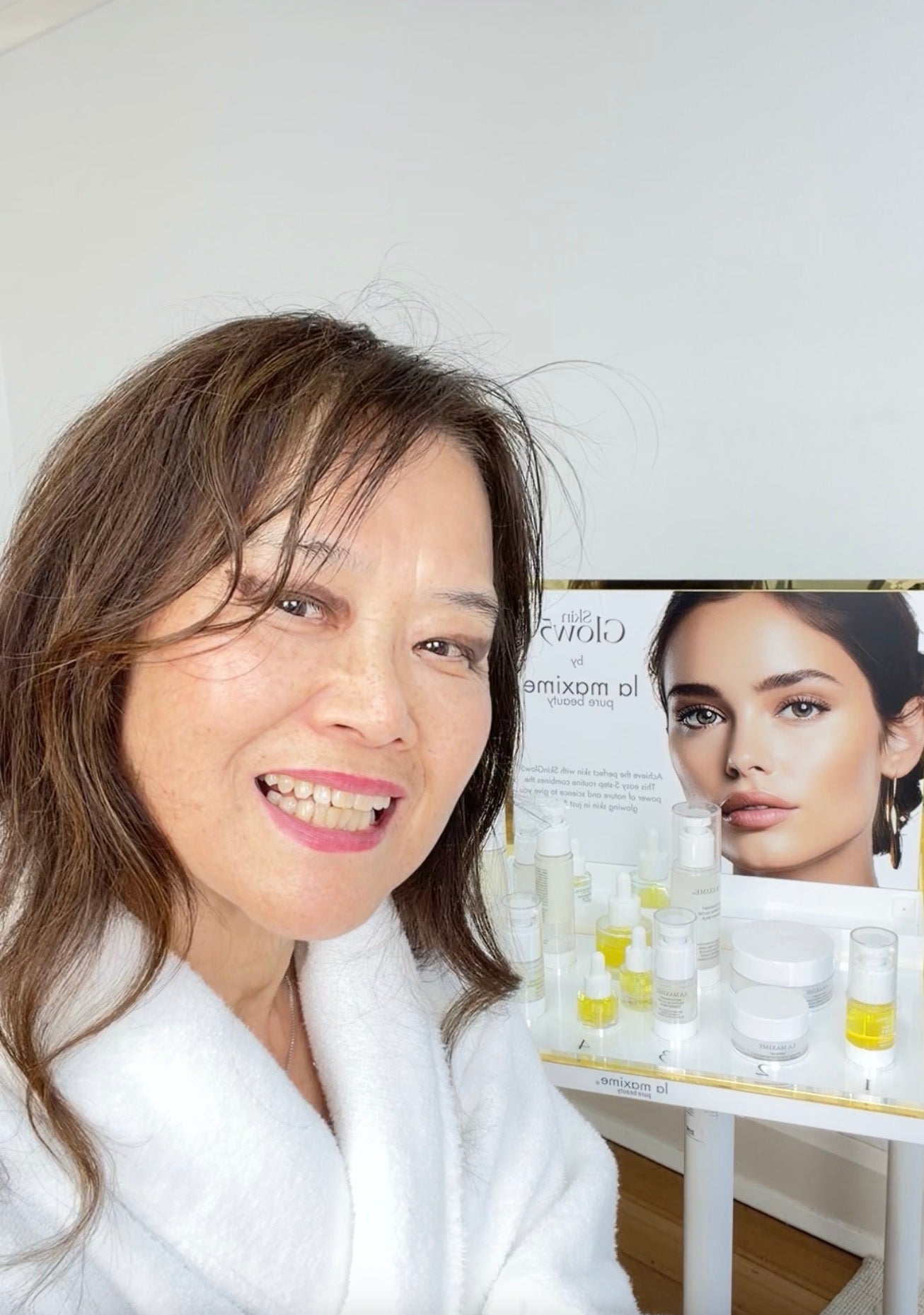 Founder's daily skincare  routine at 71, showing glowing skin for mature skin woemn over 50