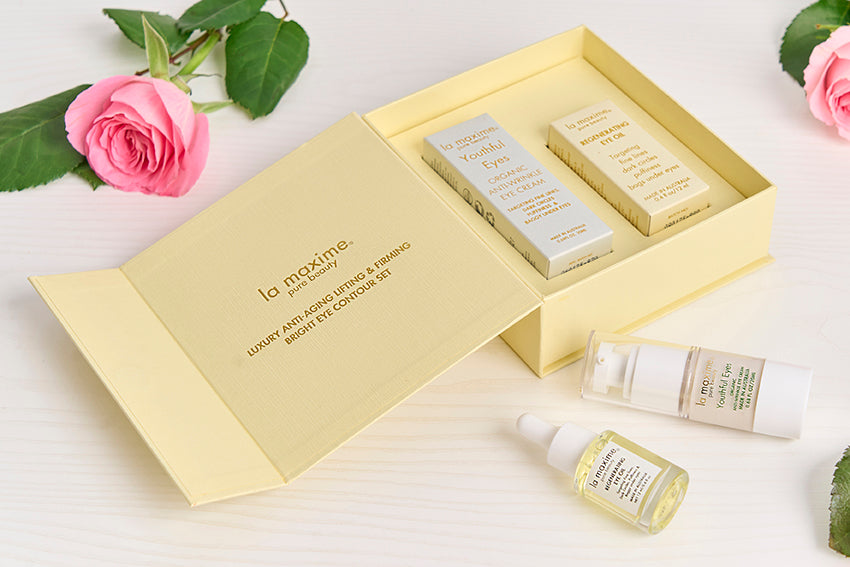 LA MAXIME luxury eye ritual set with eye oil and eye cream for mature skin dark circles and fine lines