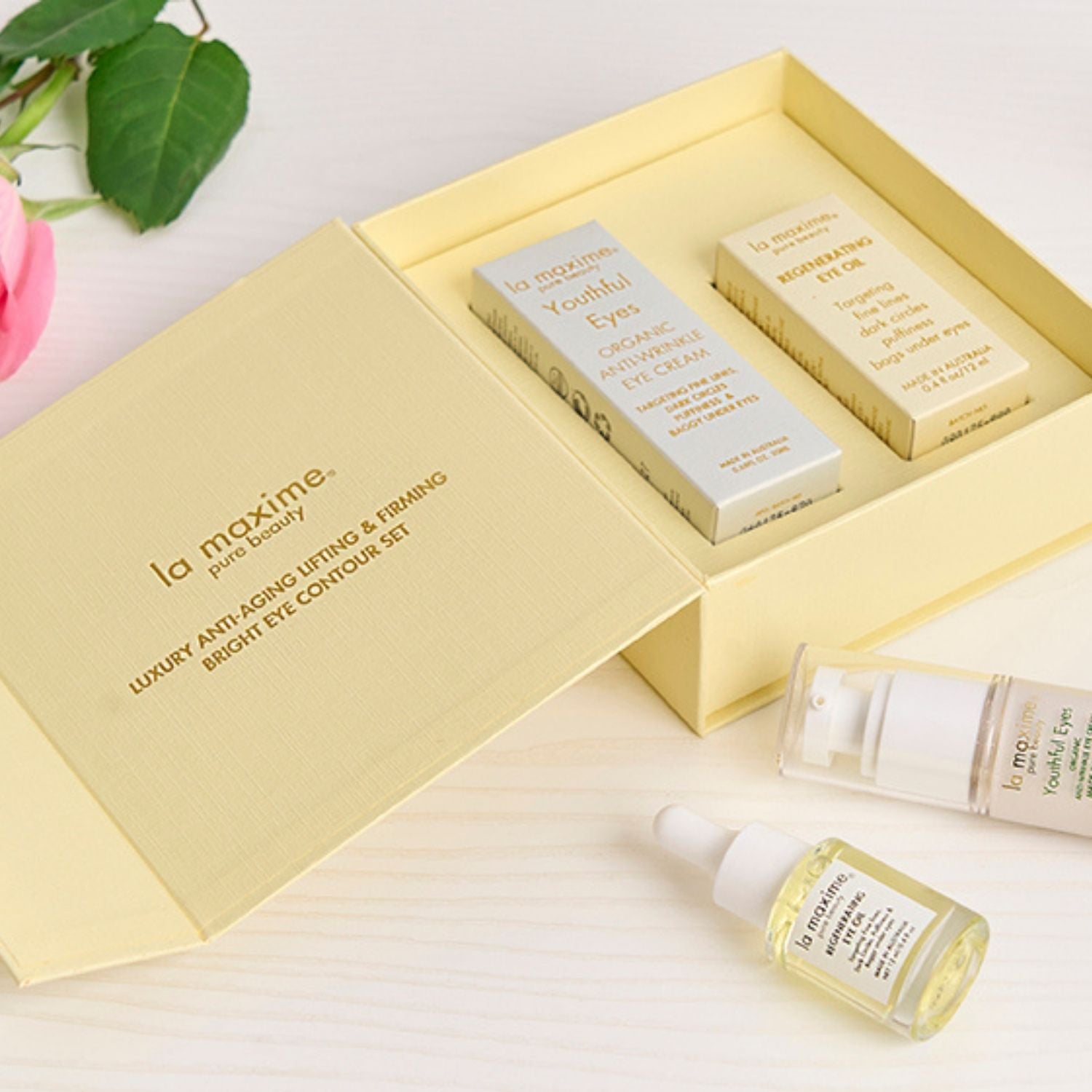 Luxury eye contour set with eye cream and eye oil designed for mature skin targeting wrinkles dark circles and puffiness