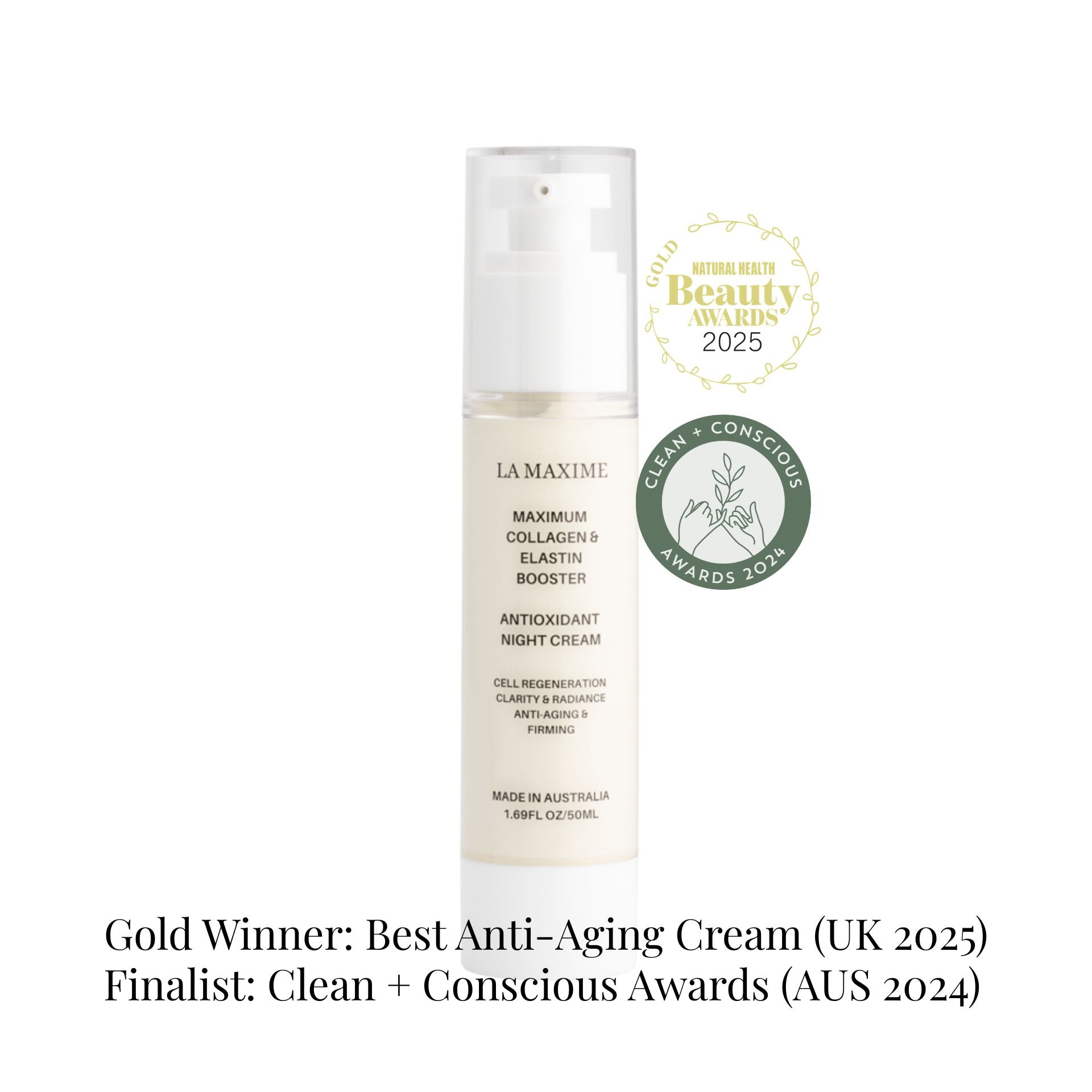 Clean beauty award winning night cream with collagen and elastin support for mature skin renewal