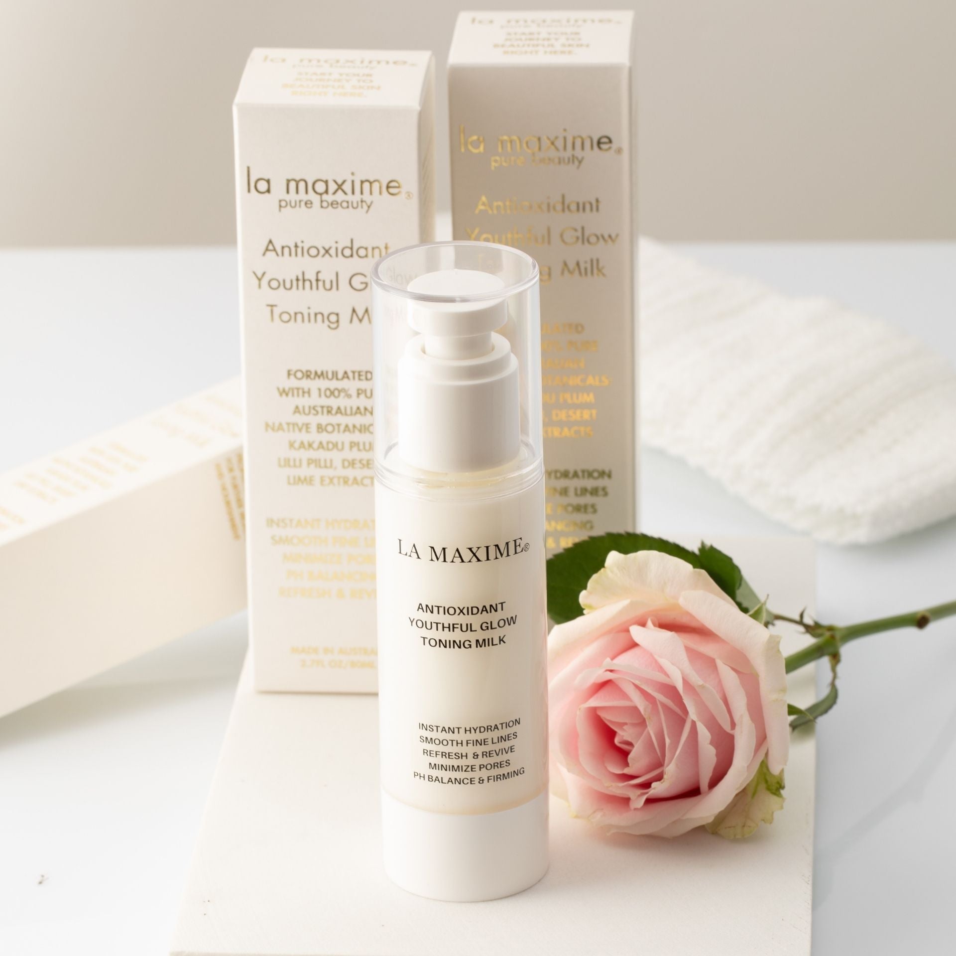 LA MAXIME toning milk with packaging for mature skin hydration and skin preparation