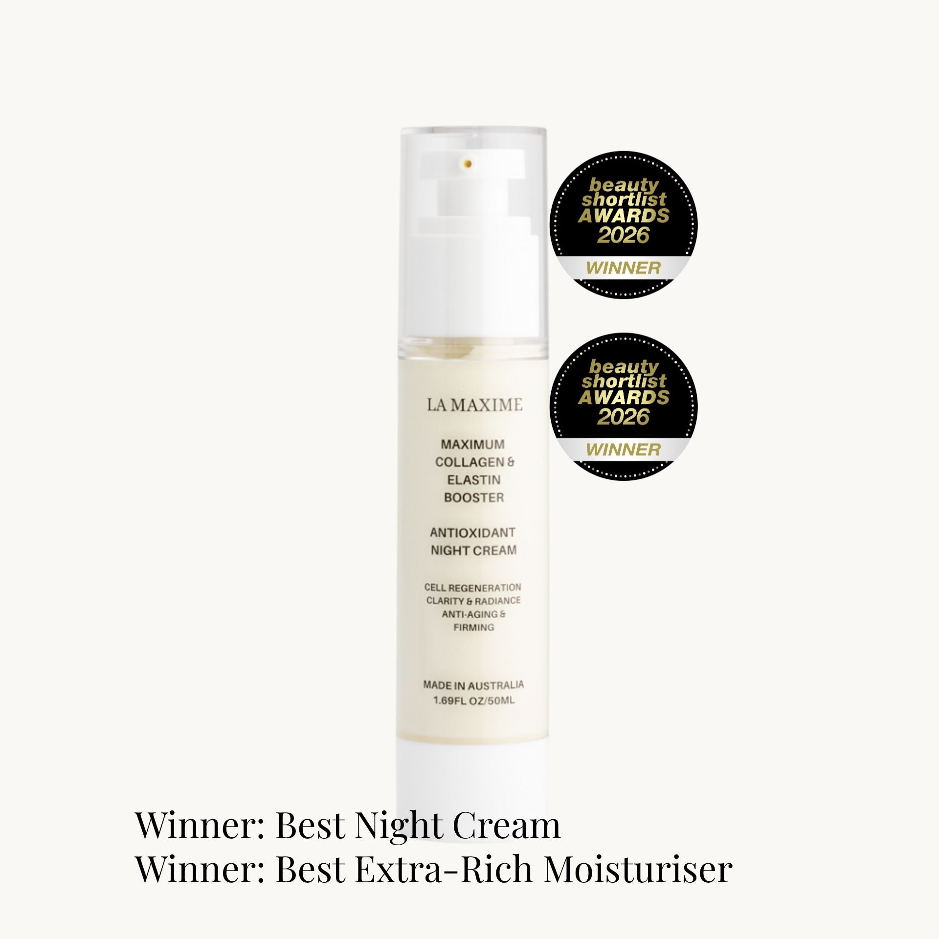 LA MAXIME award winning night cream Beauty Shortlist Awards winner supporting overnight repair for mature skin